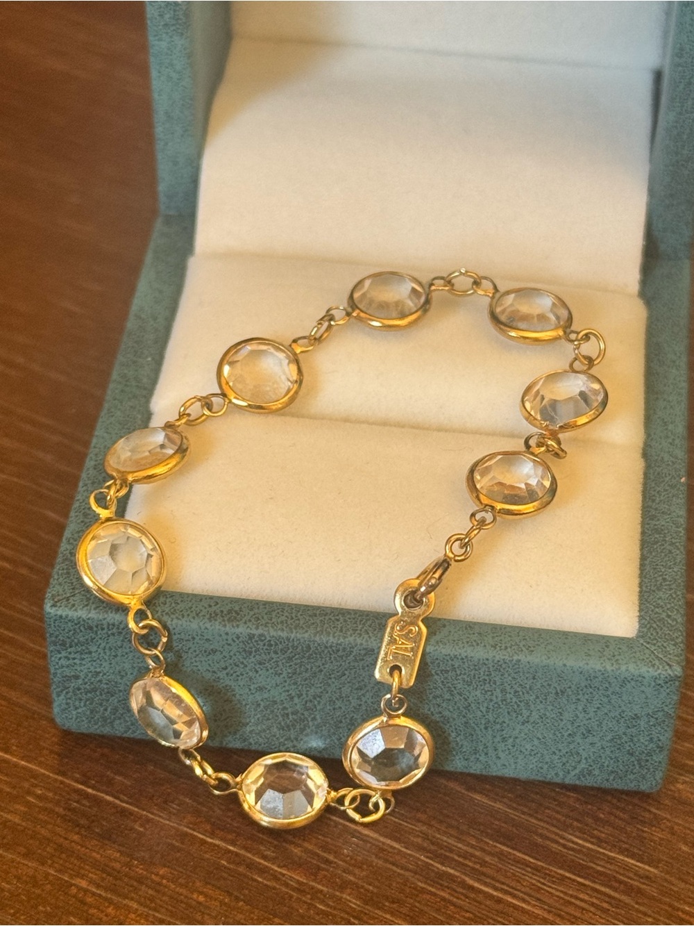Vintage Swarovski SAL Signed 7” Clear Crystal Bezel Link Bracelet Gold Tone